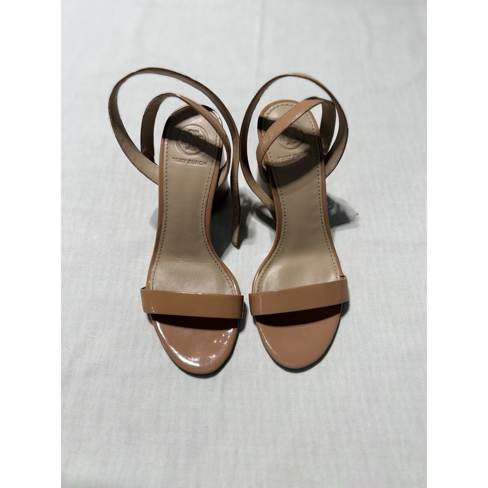 Tory Burch Laurel Nude Patent Leather Ankle Strap Block Heel Sandals Sz 5 M